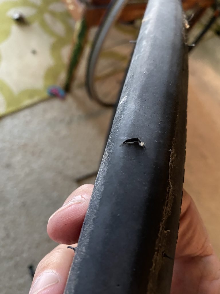 Bike tire with a hole.