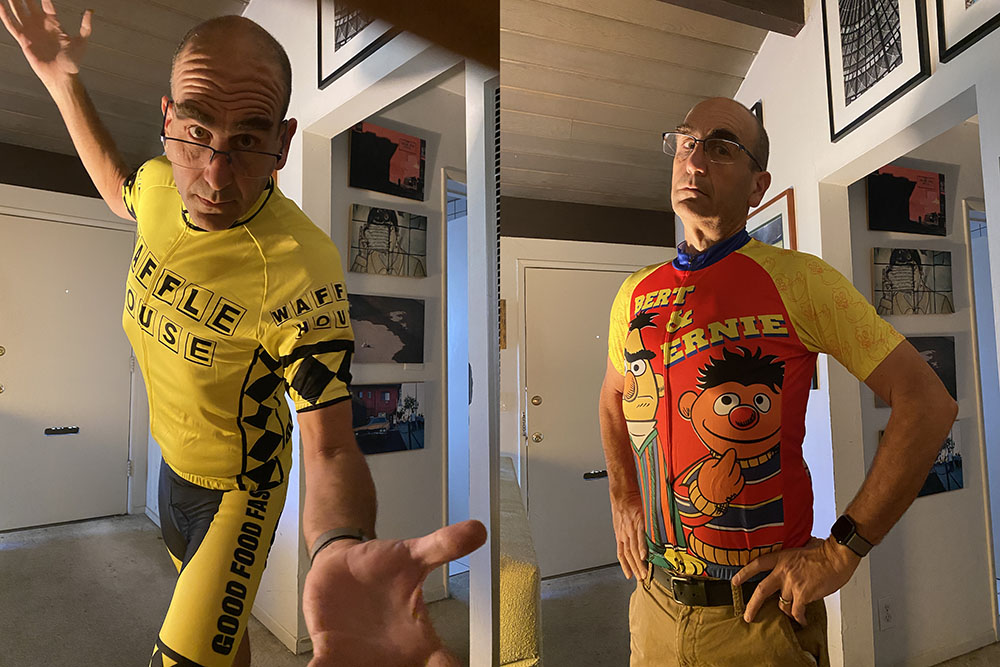 Two pictures of me wearing cycling jerseys. One has Bert & Ernie from Sesame street. The other is a Waffle House Jersey with matching bike shorts.