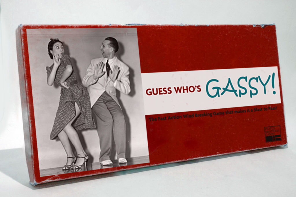 It's the hot new game that's blowing around town causing a stink: GUESS WHO'S GASSY? This vintage game box feature a picture of two contestants, but it's not clear who smelt it, and if they are the ones who dealt it.