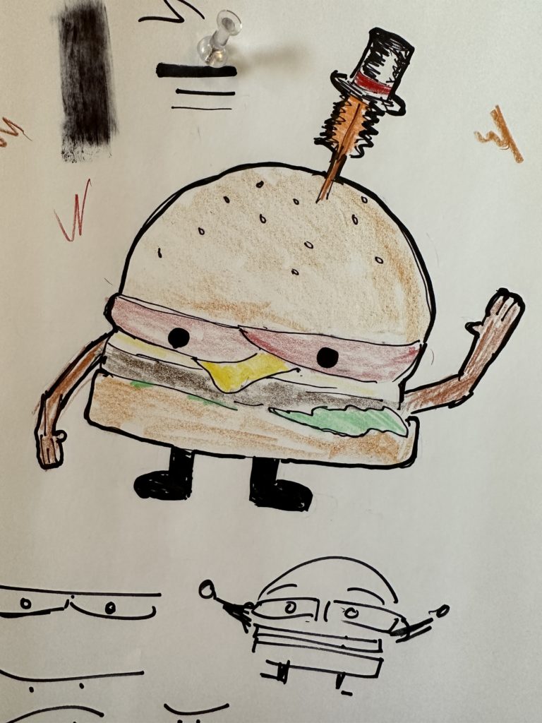 Two drawings of cartoon hamburgers.  One looks dangerous.