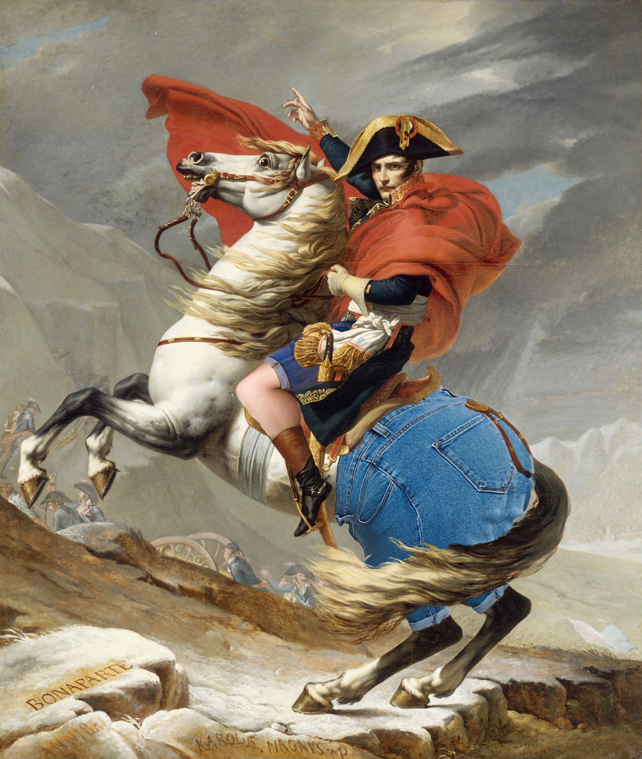 Napoleon Bonajort riding his horse Majorto over the Alps.