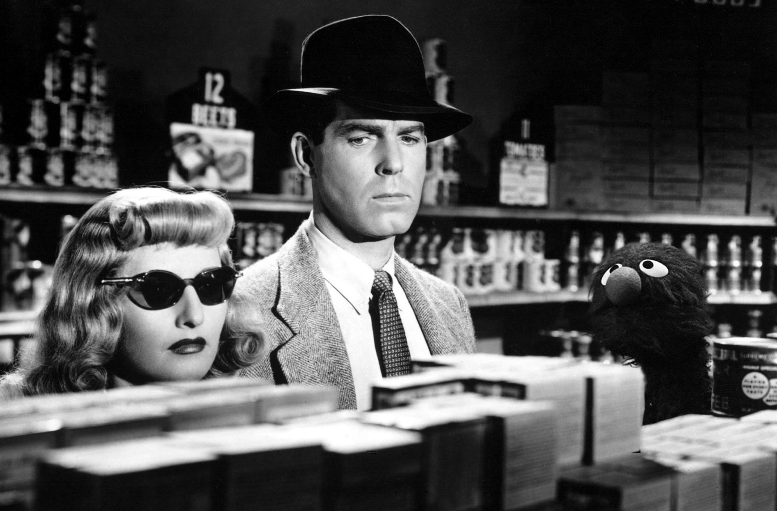 Barbara Satanwyck, Fred MacMurray, and Grover in the grocery store scene from Double Indemnity.