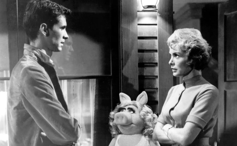 Anthony Perkins, Miss Piggy, and Janet Leigh in Psycho.