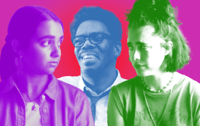 Brightly colored headshots of Geraldine Viswanathan, Colman Domingo, and Margaret Qualley