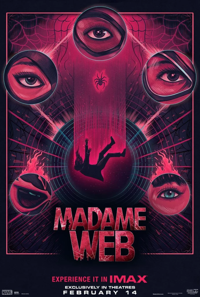 The Madame Web IMAX Poster. Comic book style art featuring close ups of one eye from each of the main characters and a silhouette of a woman falling.