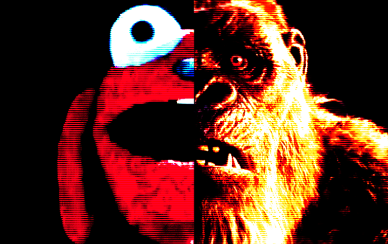 Split portrait image. One side is the Benny doll from "Benny Loves You," and the other is King Kong from "Godzilla x Kong: The New Empire."