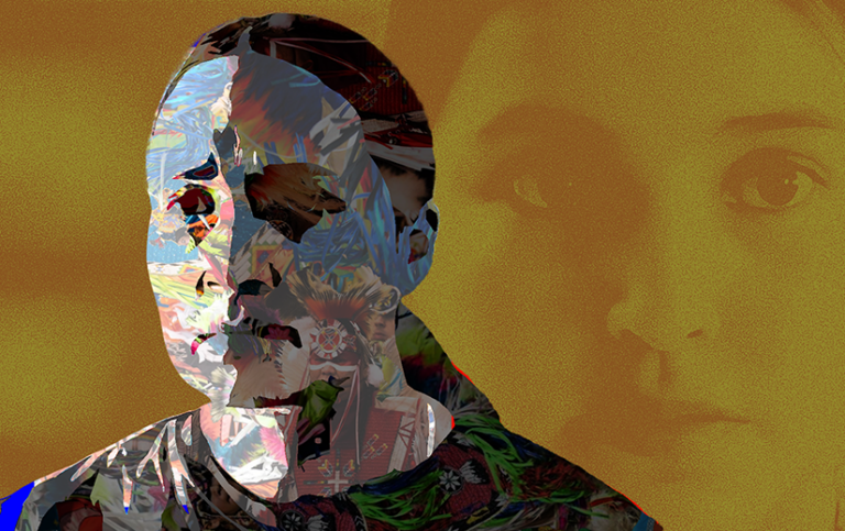 Abstract image of Lily Gladstone overlaid with fancy dancers, and Isabel Deroy-Olson's face filling the background.