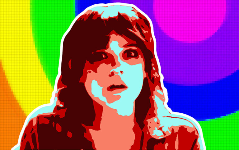 Jenna Ortega in Death of a Unicorn. She is looking out in fear. She's colored in shades of red. The background is concentric circles in rainbow colors.