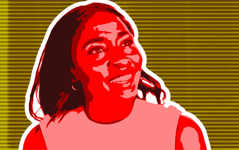 Ayo Edibiri in Opus. She is shades of red; the background is yellow and brown stirpes.
