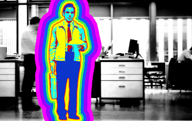 Ben Stiller as Walter Mitty in The Secret Life of Walter Mitty. He is glowing in bright colors. The background is an office in black and white.