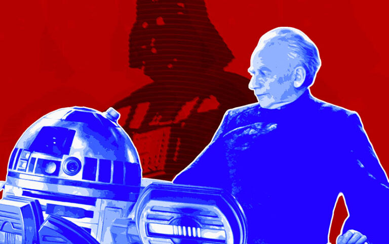 A collage of R2-D2 and the Emperor with Vader in the background in Star Wars: Episode III: Revenge of the Sith