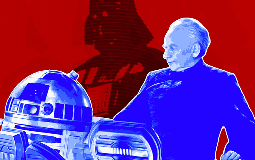 A collage of R2-D2 and the Emperor with Vader in the background in Star Wars: Episode III: Revenge of the Sith