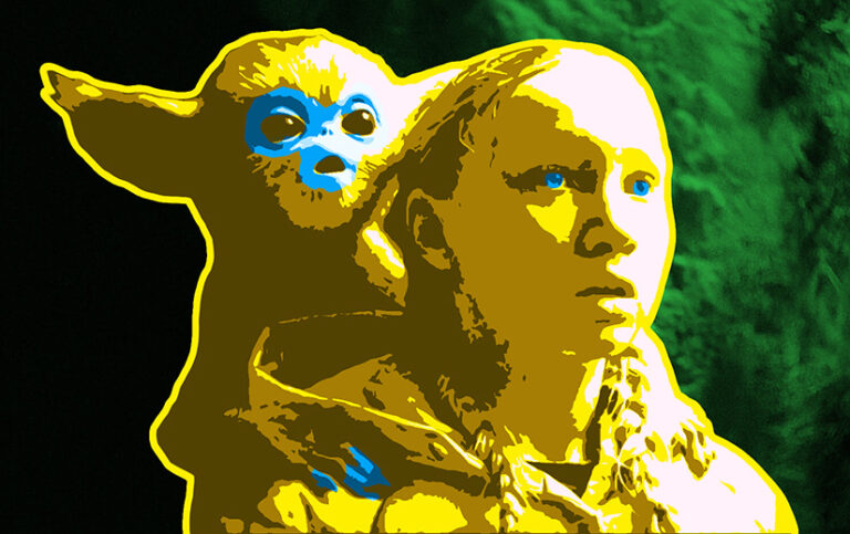 The baby ochi on Yuri's back. The both are looking at something in awe. The are rendered in yellows, with cyan highlights on the ochi's face and claws, and on youri's eyes.
