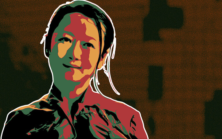 Tao Zhao smiling in Caught by the Tides. She is rendered in simplified shapes of orange, red, green, and black.