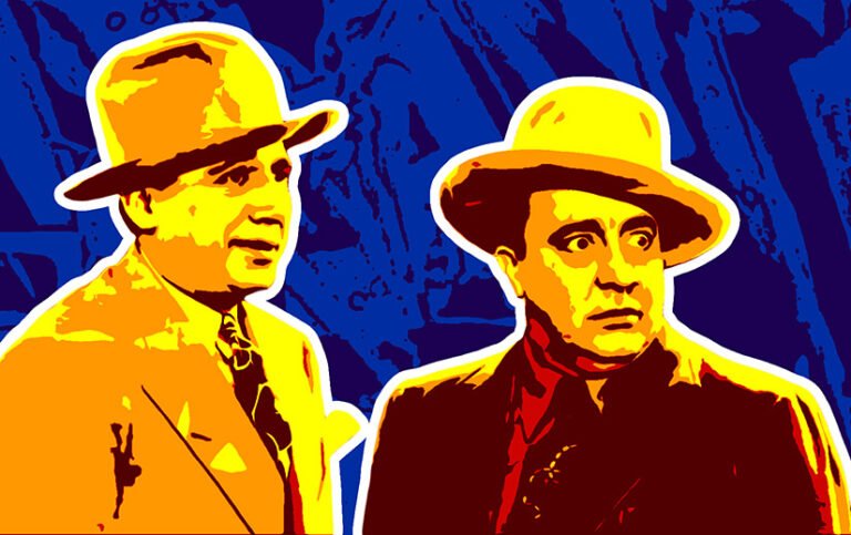 Chic Johnson and Ole Olsen mugging in a scene from Hellzapoppin. They are rendered in shades of red, orange and yellow. The background is unidentifiable blue and purple shapes.