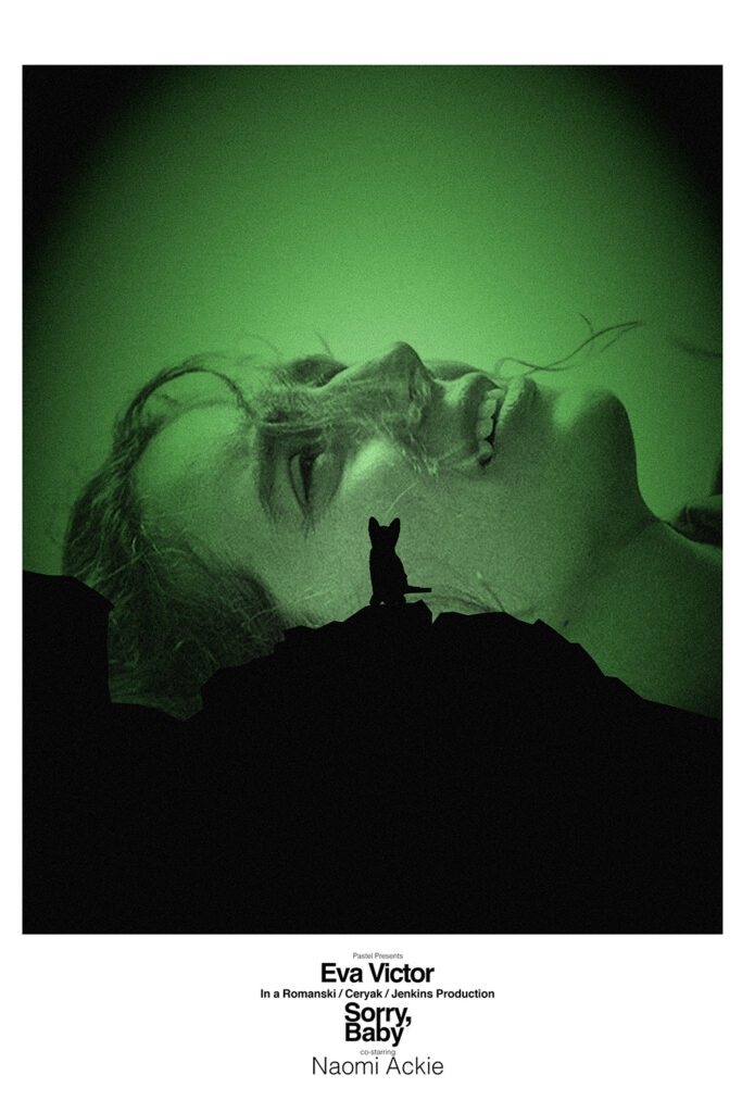 A poster for Sorry, Baby mimicking the poster for Rosemary's Baby.