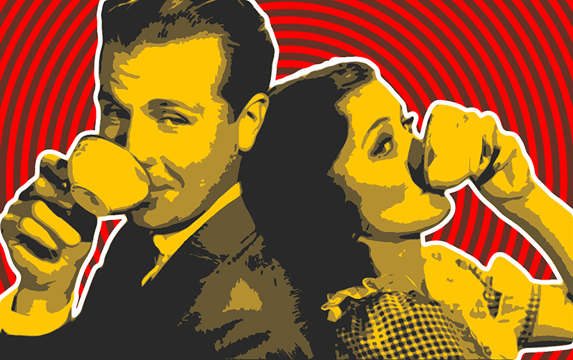 Dick Powell and Ellen Drew back to back drinking coffee.