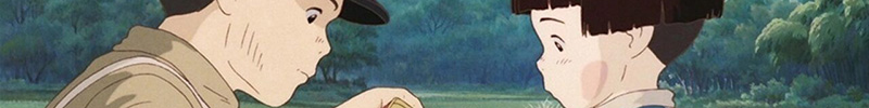 Seita and Setsuko facing each other and looking at something between them below the bottom of the image in Grave of the Fireflies.