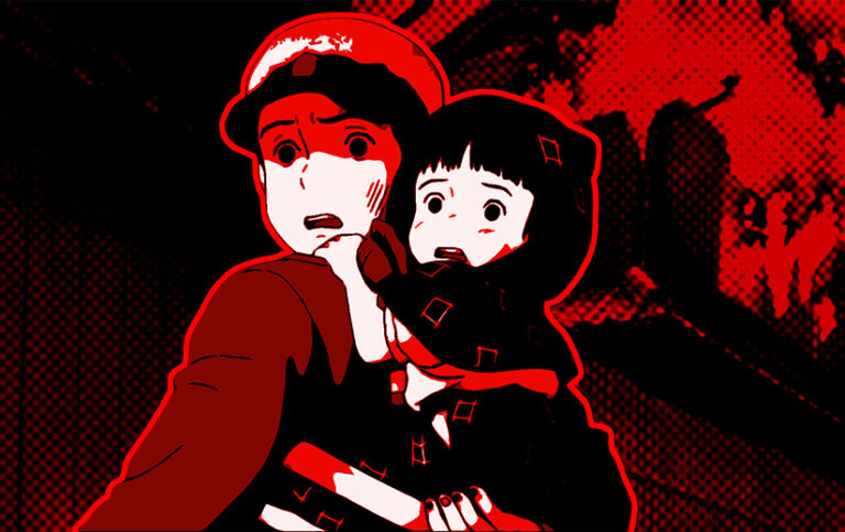 Seita and Setsuko looking worried with fire behind them in Grave of the Fireflies.