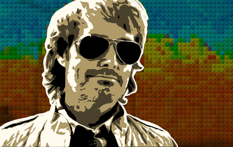 Stylized image of MacGruber on a colorful fake LEGO background for some reason.