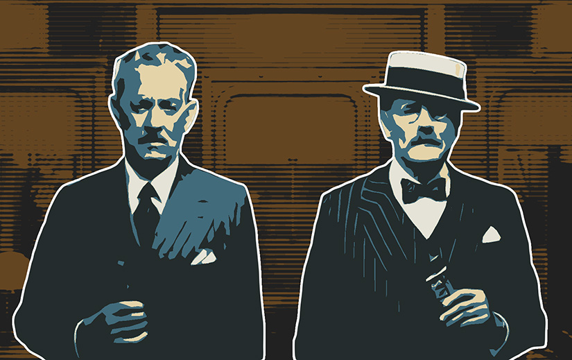 Tom Hanks and Bryan Cranston on The Phoenician Scheme. They are rendered in muted cyans and oranges