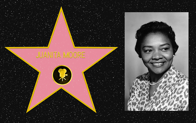 Composite picture. On the left, a mockup of Juanita Moore's star on the Hollywood Walk of Fame. On the Right, a black and white portrait photo of Juanita Moore.