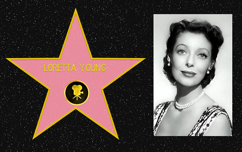 Composite picture. On the left, a mockup of Loretta Young's star on the Hollywood Walk of Fame. On the Right, a black and white portrait photo of Loretta Young.