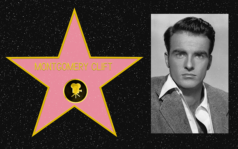 Composite picture. On the left, a mockup of Montgomery Clift's star on the Hollywood Walk of Fame. On the Right, a black and white portrait photo of Montgomery Clift.