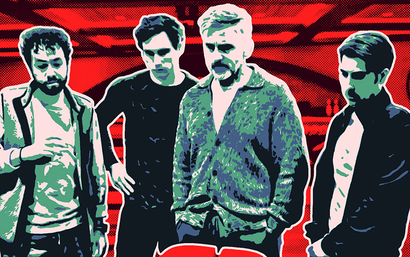 Stylized image of the main cast of Mountainhead: Ramy Youssef, Cory Michael Smith, Steve Carell, and Jason Schwartzman.