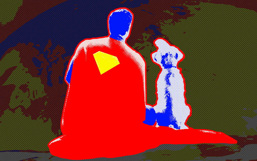 The back of Superman and Krypto sitting and looking at the Earth. The image is stylized: Superman and Krypto are red, blue, yellow, and white. The Earth is the same colors, but darker.