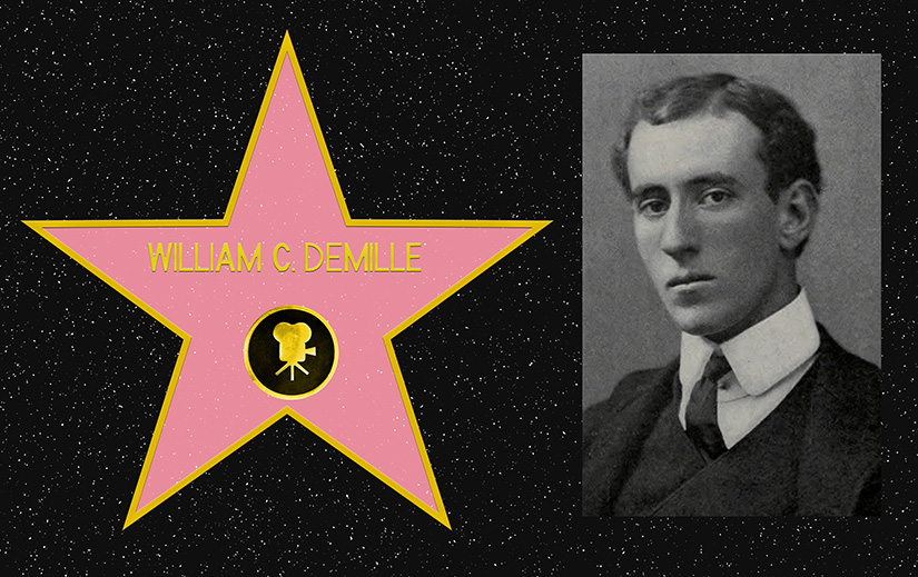 A recreation of William C. de Mille's star on the Hollywood Walk of Fam next to a portrait of young William C. de Mille. The background is black with white flecks.