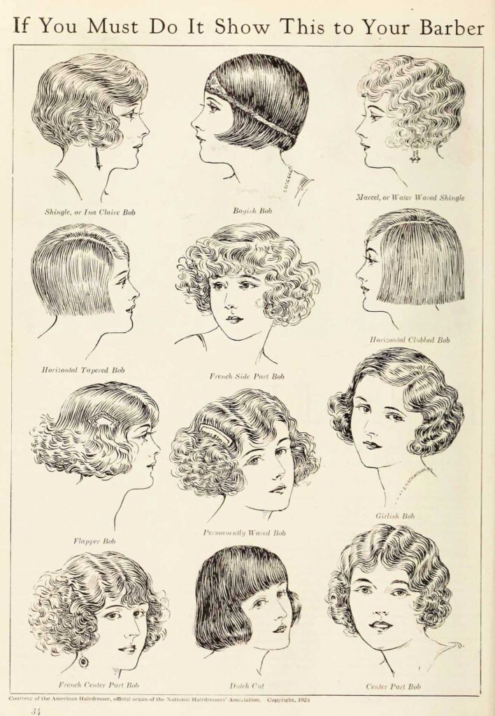 A chart titled "If you must do it show this to your Barber," showing drawings of different versions of bob haircuts. The first drawing is titles "Shingle, or Ina Claire Bob."