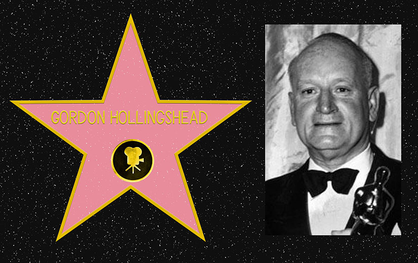 Composite picture. On the left, a mockup of Gordon Hollingshead's star on the Hollywood Walk of Fame. On the Right, a black and white portrait photo of Gordon Hollingshead.