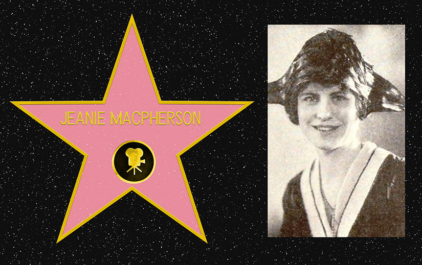 Composite picture. On the left, a mockup of Jeanie MacPherson's star on the Hollywood Walk of Fame. On the Right, a black and white portrait photo of Jeanie MacPherson.