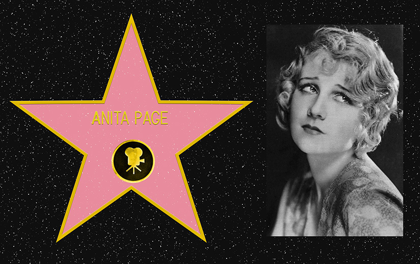 Composite picture. On the left, a mockup of Anita Page's star on the Hollywood Walk of Fame. On the Right, a black and white portrait photo of Anita Page.