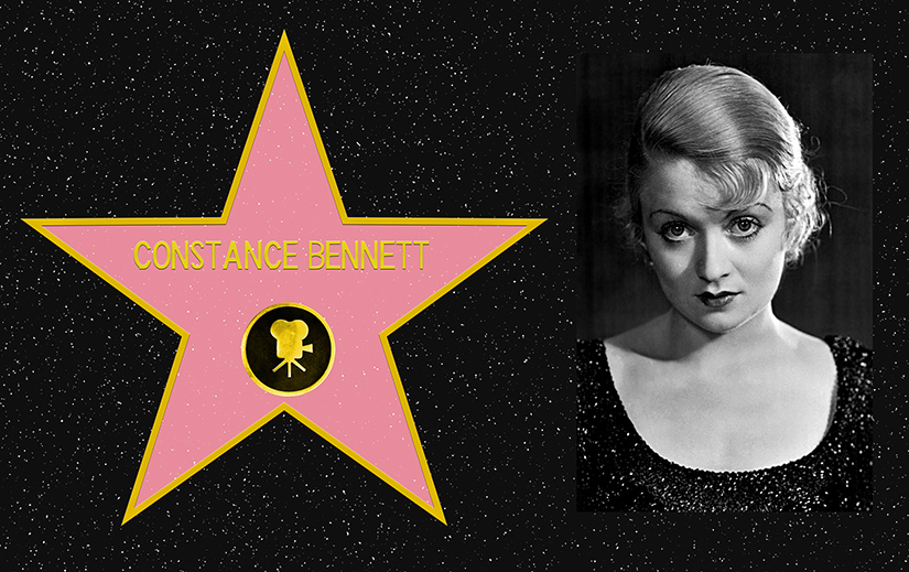 Composite picture. On the left, a mockup of Constance Bennett's star on the Hollywood Walk of Fame. On the Right, a black and white portrait photo of Constance Bennett.