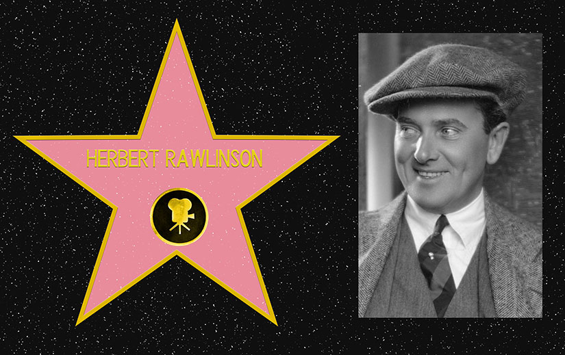 Composite picture. On the left, a mockup of Herbert Rawlinson's star on the Hollywood Walk of Fame. On the Right, a black and white portrait photo of Herbert Rawlinson.
