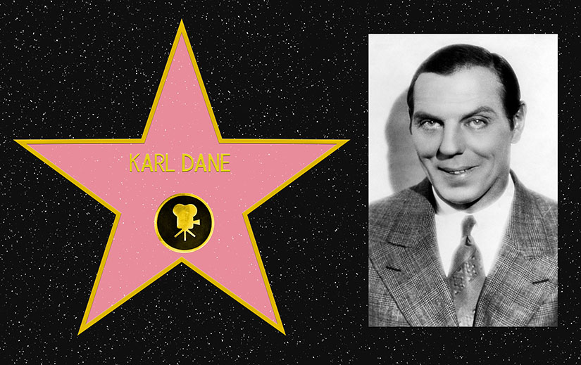 Composite picture. On the left, a mockup of Karl Dane's star on the Hollywood Walk of Fame. On the Right, a black and white portrait photo of Karl Dane.