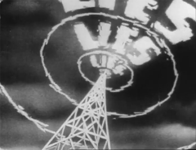 An animated image of a radio tower broadcasting the word "LIES" over and over.