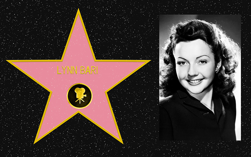 Composite picture. On the left, a mockup of Lynn Bari's star on the Hollywood Walk of Fame. On the Right, a black and white portrait photo of Lynn Bari.