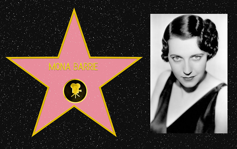 Composite picture. On the left, a mockup of Mona Barrie's star on the Hollywood Walk of Fame. On the Right, a black and white portrait photo of Mona Barrie.