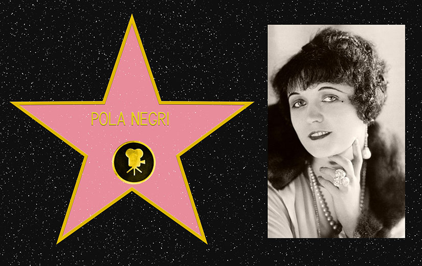 Composite picture. On the left, a mockup of Pola Negri's star on the Hollywood Walk of Fame. On the Right, a black and white portrait photo of Pola Negri.