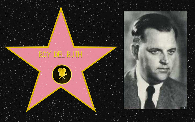 Composite picture. On the left, a mockup of Roy Del Ruth's star on the Hollywood Walk of Fame. On the Right, a black and white portrait photo of Roy Del Ruth.