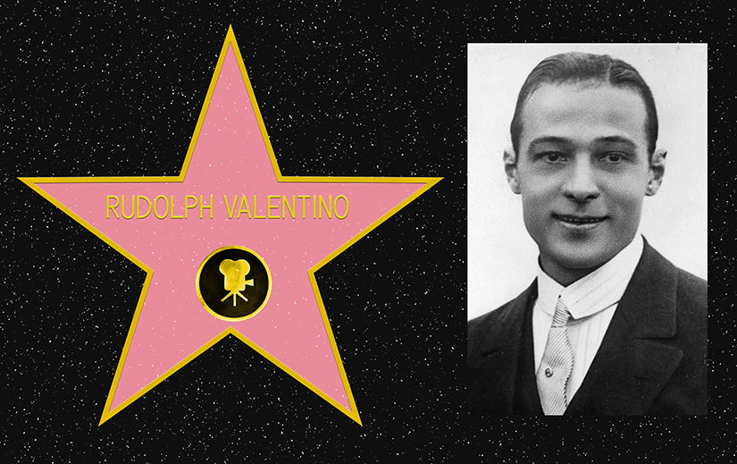 Composite picture. On the left, a mockup of Rudolph Valentino's star on the Hollywood Walk of Fame. On the Right, a black and white portrait photo of Rudolph Valentino.