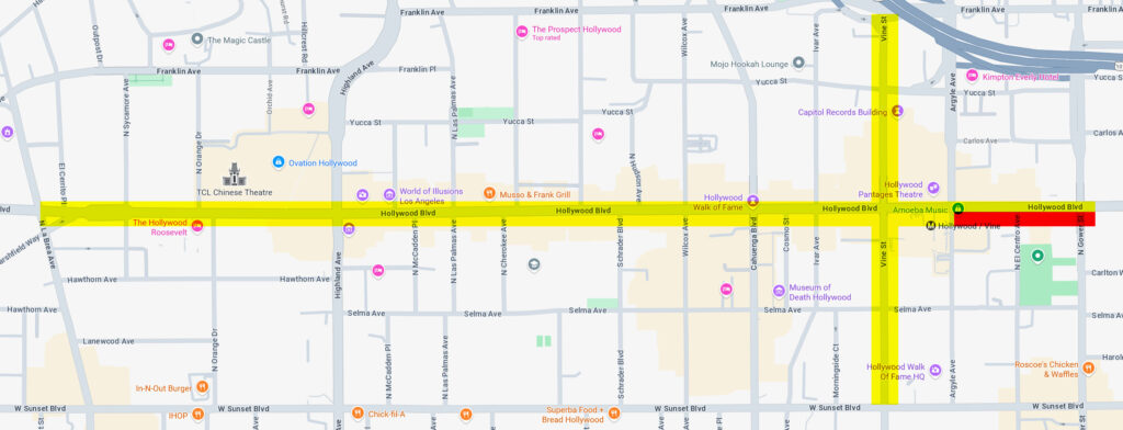 A map of Hollywood. The street sections with the Hollywood Walk of Fame (Hollywood Blvd. from La Brea to Gower, Vine St. From Franklin to Sunset) is highlighted, most of the highlight is yellow, but the South side of Hollywood from Gower to Argyle is red.