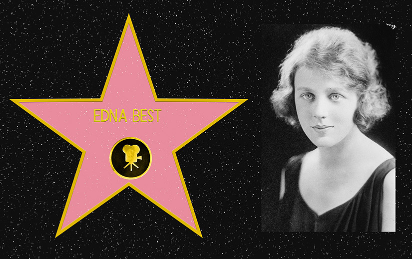 Composite picture. On the left, a mockup of Edna Best's star on the Hollywood Walk of Fame. On the Right, a black and white portrait photo of Edna Best.