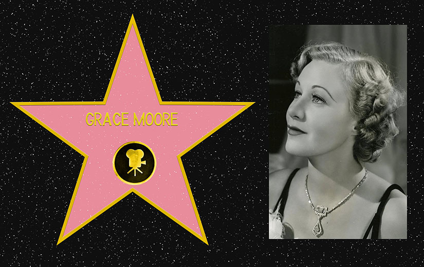 Composite picture. On the left, a mockup of Grace Moore's star on the Hollywood Walk of Fame. On the Right, a black and white portrait photo of Grace Moore.