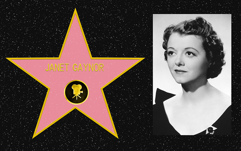 Composite picture. On the left, a mockup of Janet Gaynor's star on the Hollywood Walk of Fame. On the Right, a black and white portrait photo of Janet Gaynor.