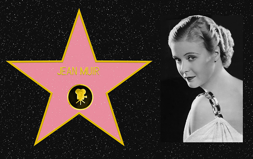 Composite picture. On the left, a mockup of Jean Muir's star on the Hollywood Walk of Fame. On the Right, a black and white portrait photo of Jean Muir.