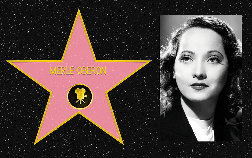 Composite picture. On the left, a mockup of Merle Oberon's star on the Hollywood Walk of Fame. On the Right, a black and white portrait photo of Merle Oberon.